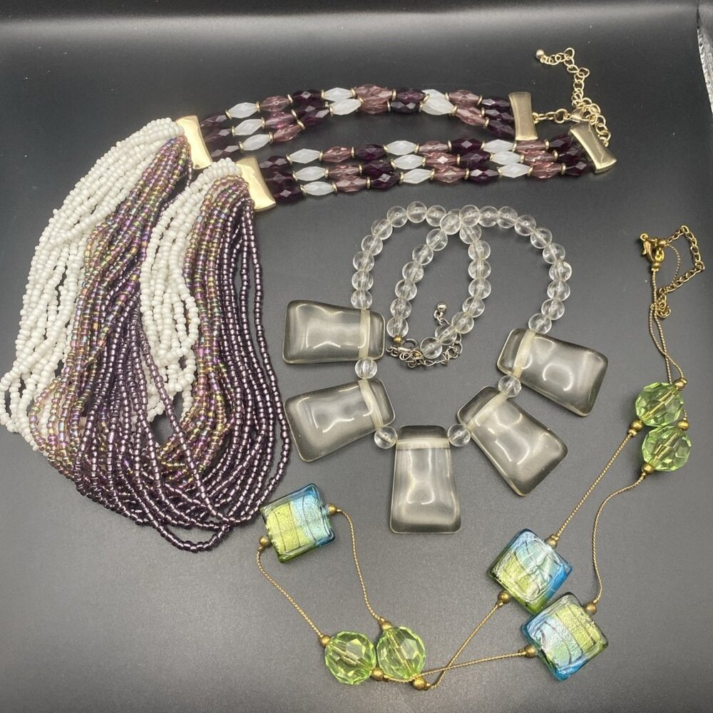 Lot of 3 Boho Statement Necklaces Multistrand Seed Beads Acrylic Bib Art Glass